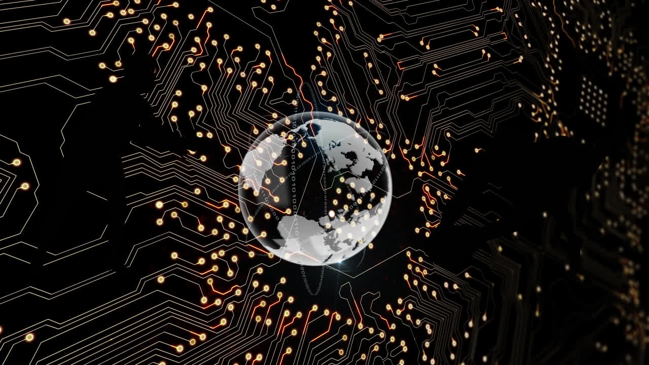 Animatie van mensensilhouetten met een wereldbol boven een computerprintplaat op een zwarte achtergrond.