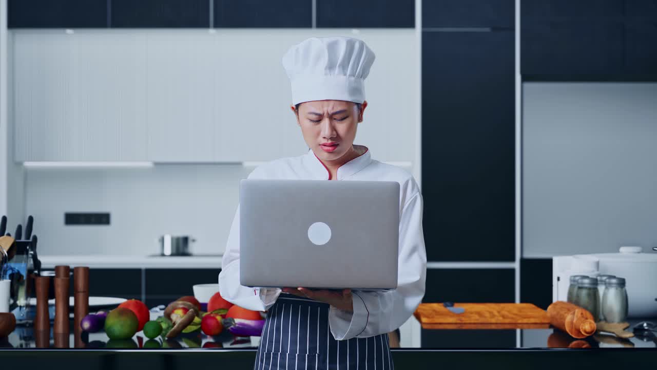 chef estresado por una computadora portátil