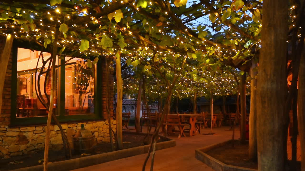 Terrace with christmas decorations at night