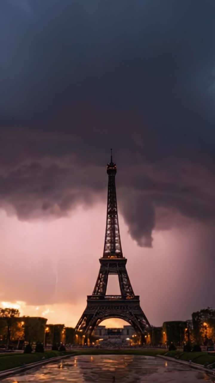 Serata Drammatica su Parigi: Una Vista Affascinante della Torre Eiffel Illuminata da Fulmini e Nuvole Temporalesche Minacciose