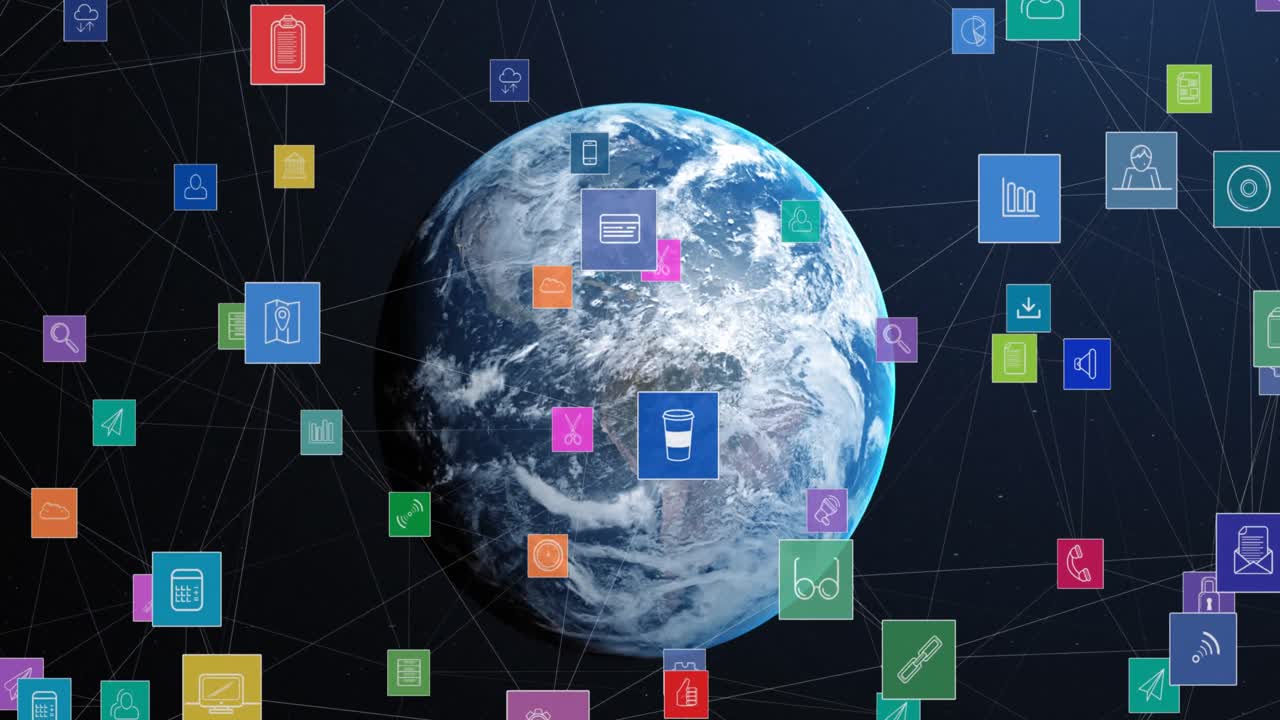 анимация сети соединений с иконами по всему миру