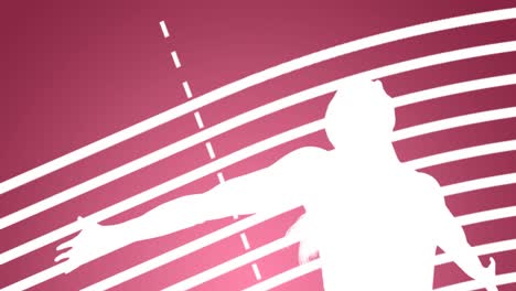 animación de la silueta de una corredora terminando la carrera sobre carriles marcados en fondo rosa