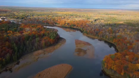 upper drone view of fall colors along a winding river