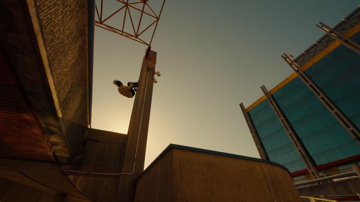 Urbane Sonnenuntergangsperspektive mit Gebäuden und Menschen