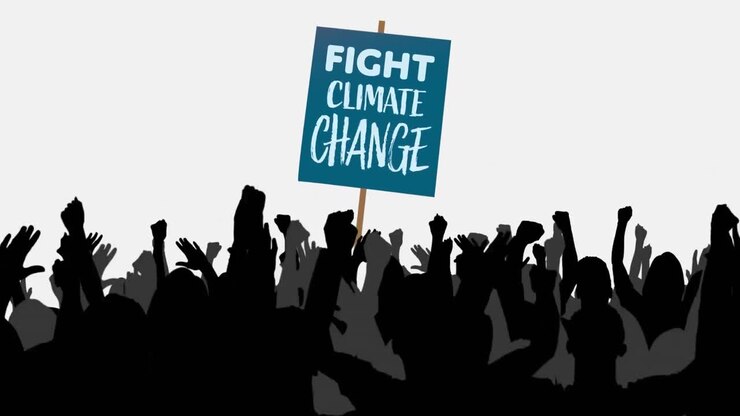 Animation of people protesting and fight for climate banner