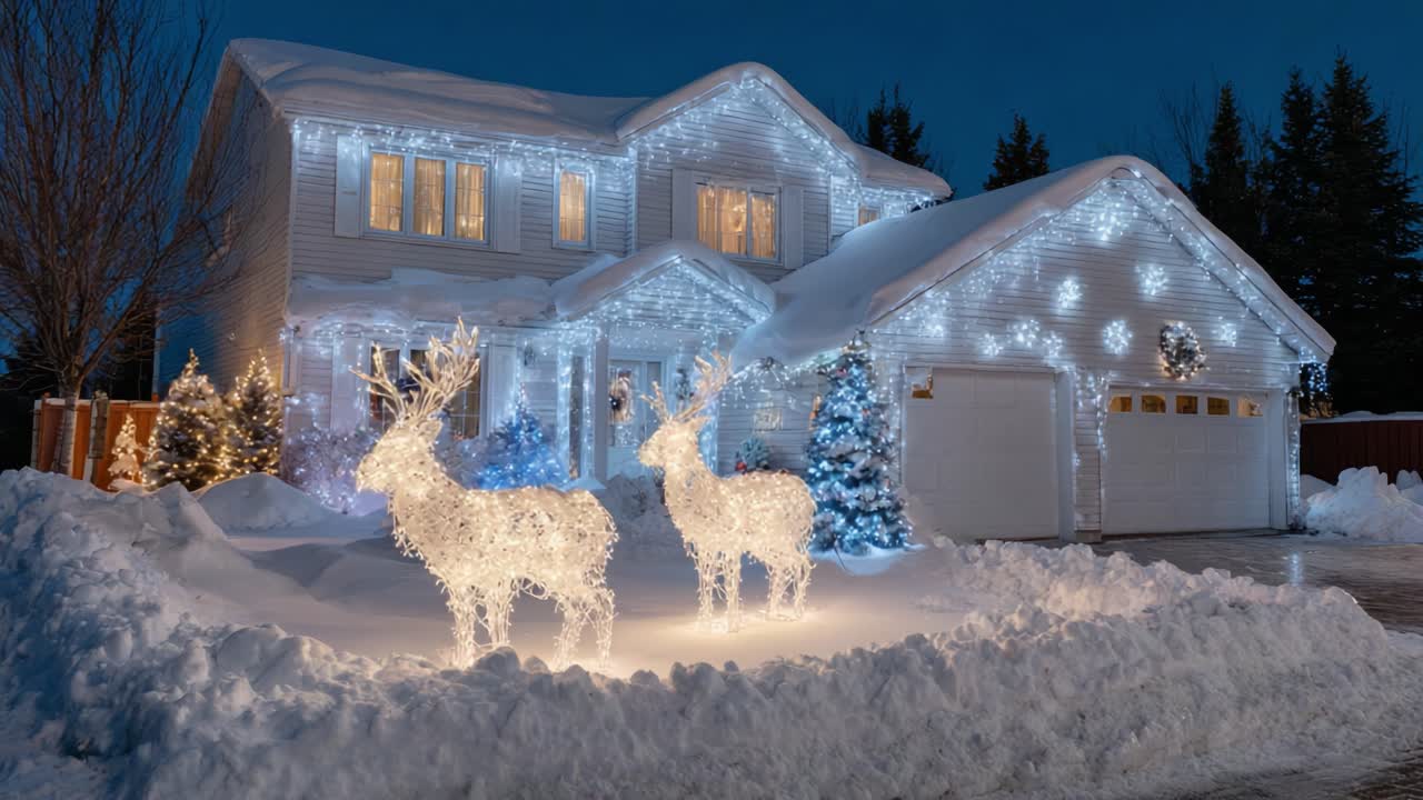 A Winter Wonderland: A Beautifully Decorated Home with Lights and Frosty Landscapes, Featuring Glowing Reindeer and a Cozy Atmosphere During the Evening
