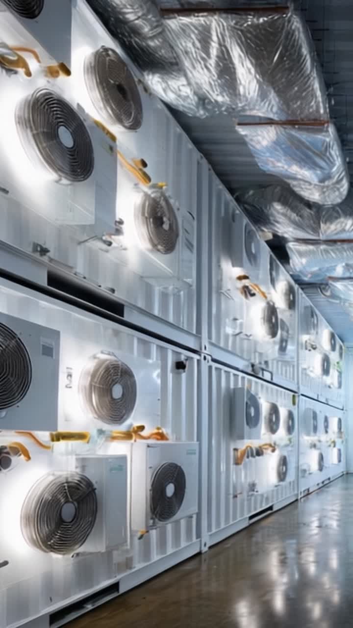 Wide view of industrial cooling systems showcasing multiple air conditioning units in a well-lit environment, emphasizing design and functionality of modern HVAC solutions