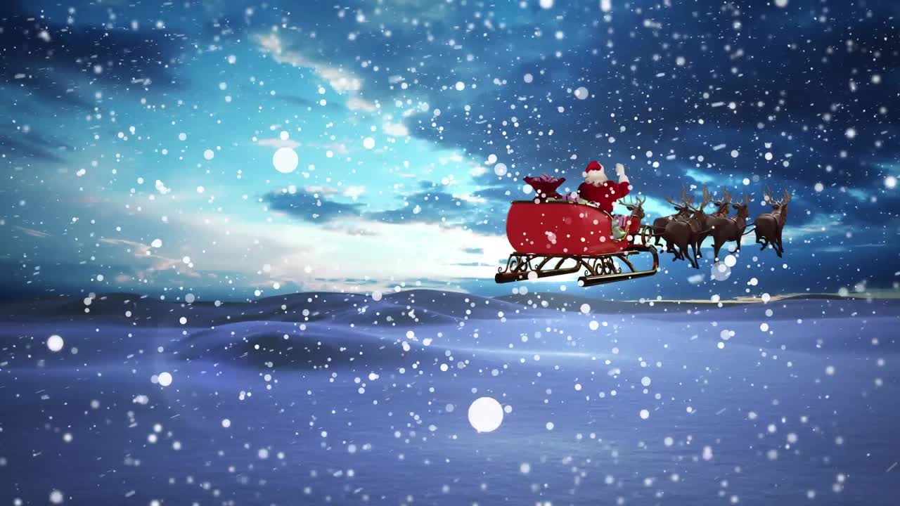 animación de nieve cayendo sobre la navidad santa claus en trineo con renos