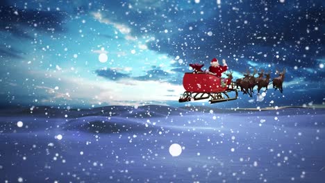 Animation-of-snow-falling-over-christmas-santa-claus-in-sleigh-with-reindeer