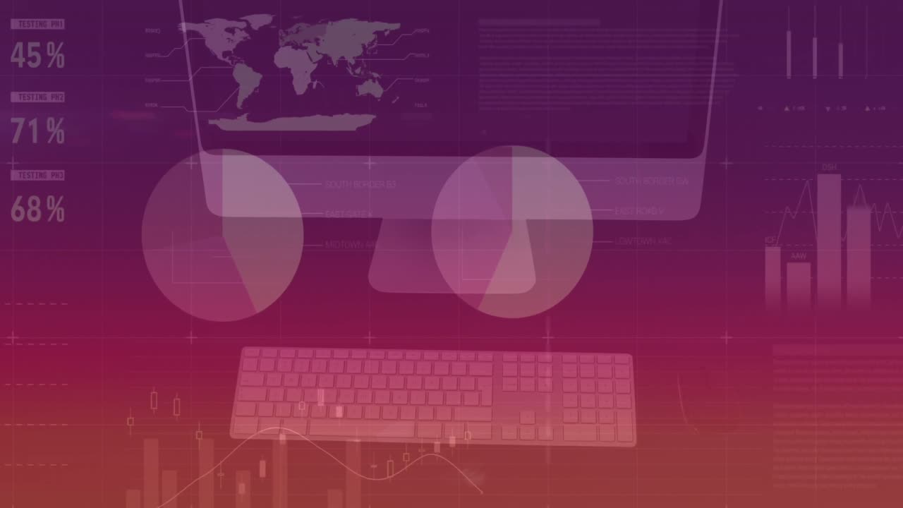 animación de la interfaz infográfica sobre la vista aérea del escritorio y el teclado en la mesa