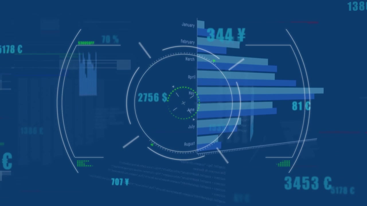 Animation of scope scanning, numbers, data processing and statistics on blue background