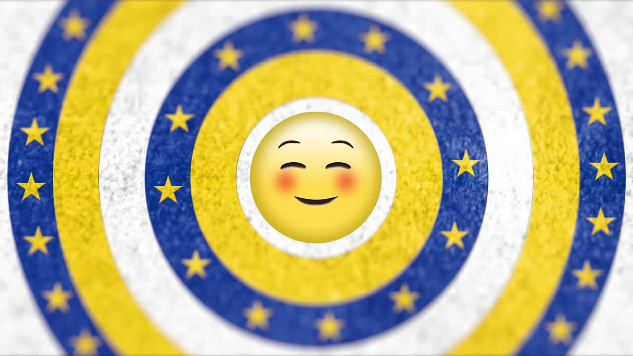 ⁇ 은 얼굴 이모티콘 위에 움직이는 파란색 원에 노란색 별