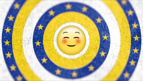 estrellas amarillas en círculos azules en movimiento sobre el emoji de la cara sonriente