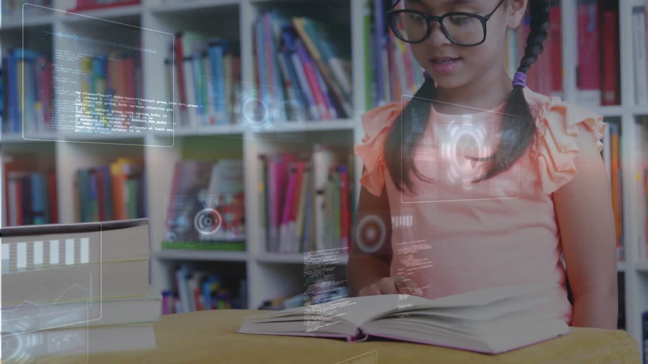 Girl sitting at table tracing text, initiating educational AR HUDs intensifying around open book