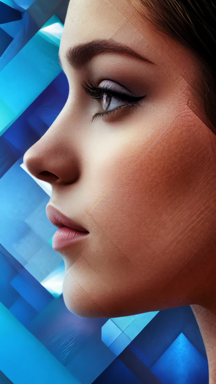 A woman's face is shown in a colorful, abstract style. The image is a work of art that captures the essence of the woman's features in a unique and creative way