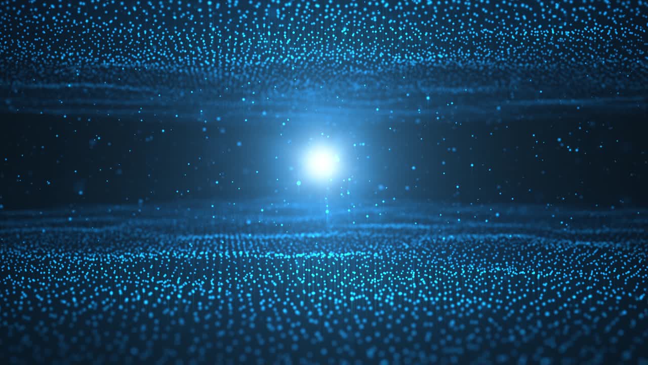 Abstract motion background of shining particles, two digital wave with sparkling blue particles. Beautiful blue floating particles with shine light. Seamless Loopable 3D. 4K