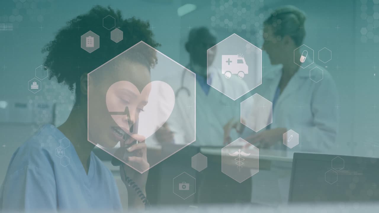 Animation of medical icons over diverse doctors