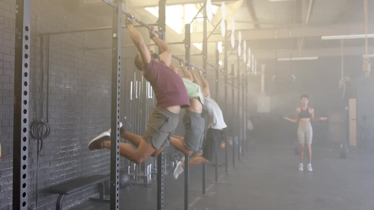 Diverse male group fitness class training at gym doing pull ups on bars, in slow motion