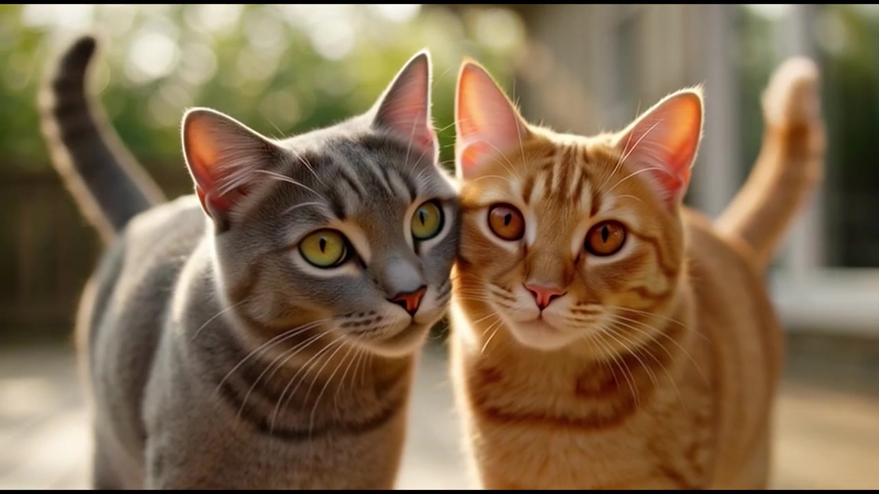 Due gatti che si salutano e si strusciano su una terrazza di legno