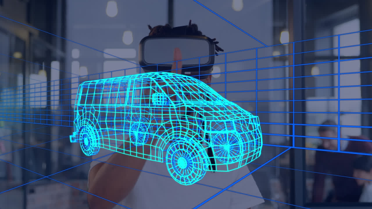 vr 헤드 ⁇ 을 사용하여 사람 위의 자동차의 디지털 3d 드로잉의 애니메이션