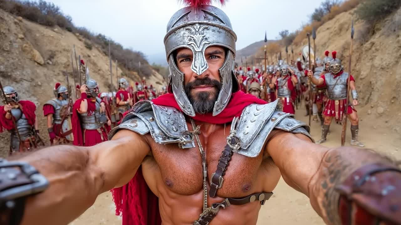 Ein Mann mit Bart und Helm steht vor einer Gruppe Soldaten