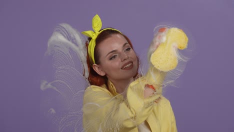 woman cleaning with sponge and foam