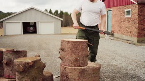 adult caucasian guy with axe splitting log woods