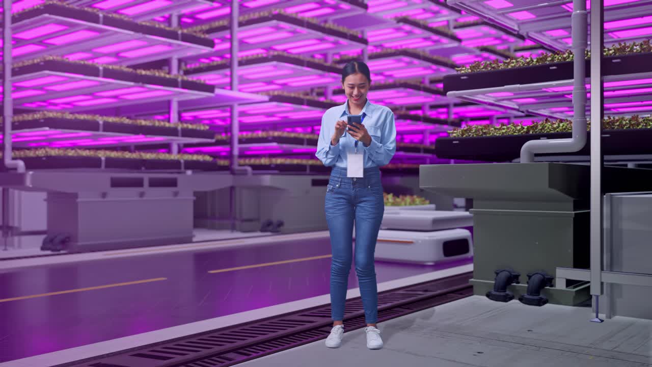 Full Body Of An Asian Female Professional Worker Standing With Her Smarphone In Vertical Farm, High-tech Industrial Facility, Working Continuously