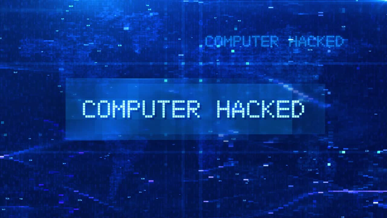 Computer Hacked Digital Text Animation over Futuristic World Map and HUD Effects