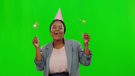 Face,-green-screen-and-black-woman-with-sparklers