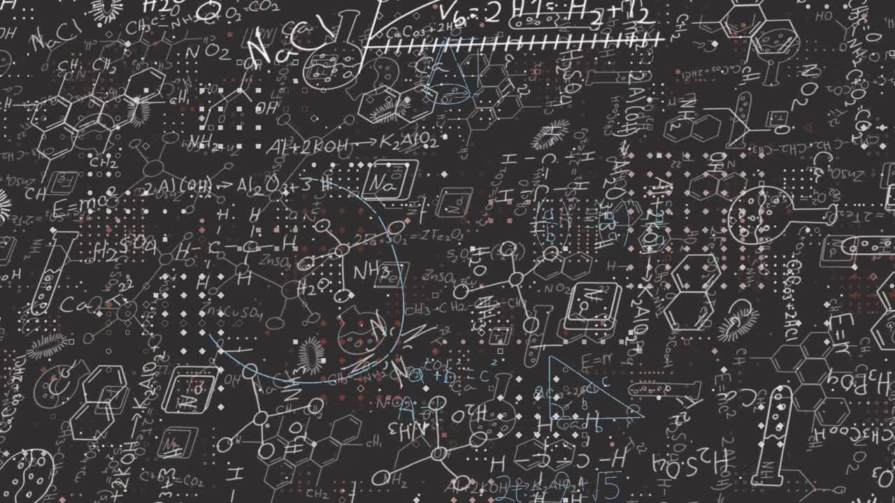 black canvas starting white lines tracing chemical formulas and blue symbols glowing for emphasis