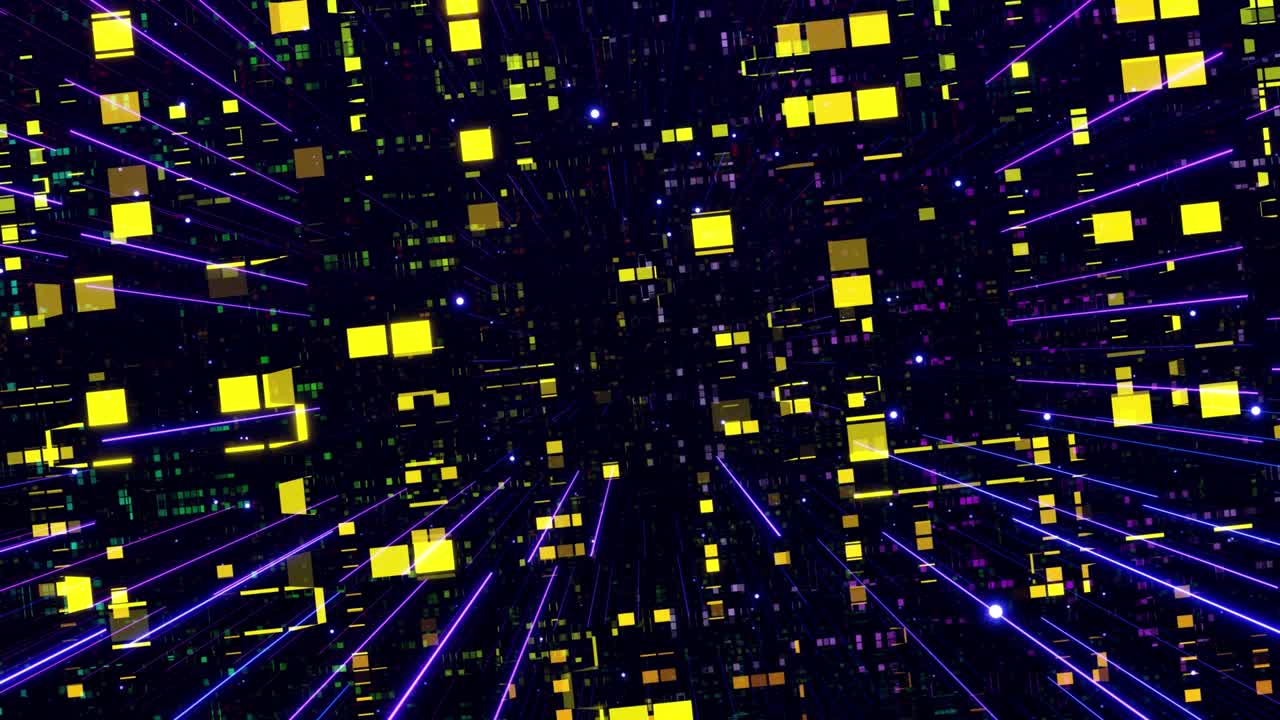 Glow rectangles, streaks and lines. Motion design vj loop. 3d structure. Motion graphic, camera fly throungh abstract art space, multilayer structure with pattern and particles. Rainbow gradient color.