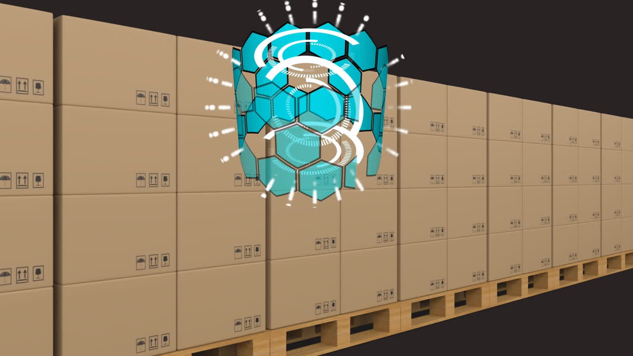 animación de la forma azul giratoria sobre cintas transportadoras con cajas