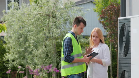 the specialist explains to the customer the principle of operation of the heat pump