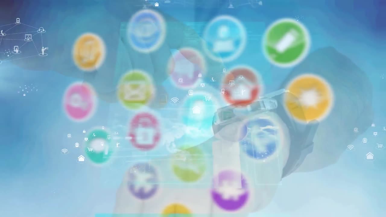 스마트 워치를 사용하는 코카시안 남자에 대한 아이콘과 연결 네트워크의 애니메이션