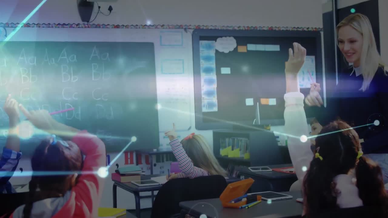 animación de una red de conexiones entre maestros y escolares felices y diversos