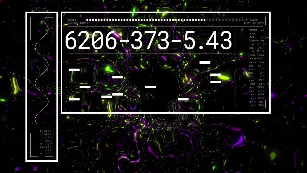 Numeric readout appearing, data panel updating bars and particle field, visualizing technology data