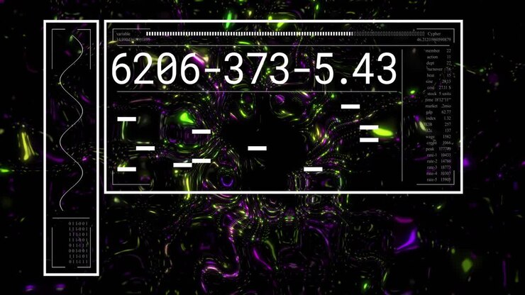Numeric readout appearing, data panel updating bars and particle field, visualizing technology data