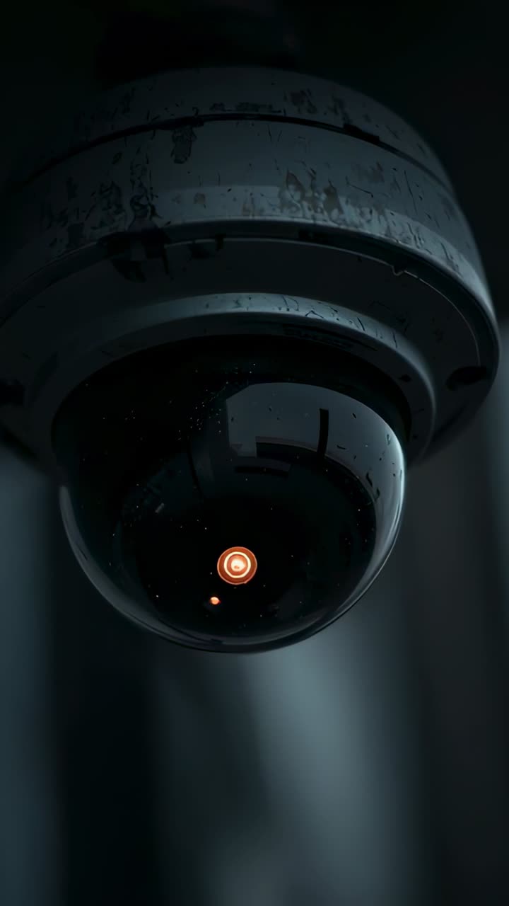 Ceiling dome security cam powering on and monitoring corridor for security, orange ring flickering