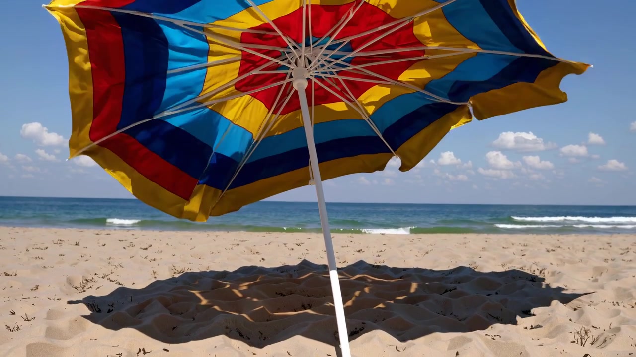 Ombrellone da spiaggia dai colori vivaci su una spiaggia sabbiosa e soleggiata.