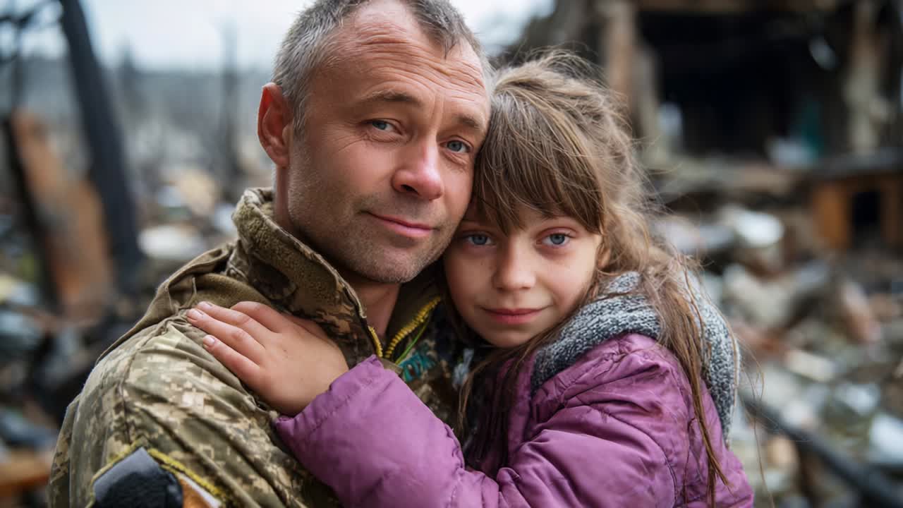 A Tender Moment of Resilience: A Father's Embrace with His Daughter Amidst the Desolate Ruins of Their Surroundings, Capturing the Strength of Family Bonds in Times of Adversity and Uncertainty