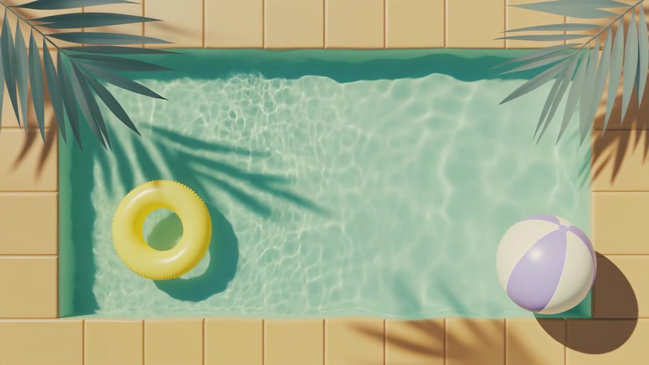 Top View of Swimming Pool with Inflatable Ring and Beach Ball