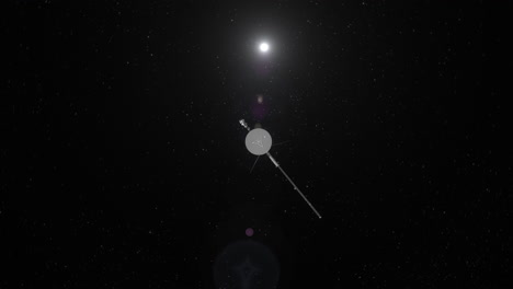 Voyager-1-Reist-Aus-Dem-Sonnensystem-Direkt-An-Der-Rotierenden-Kamera-Vorbei-In-Richtung-Weltraum-Mit-Entferntem-Sonneneruption-Und-Sternenhintergrund-In-4K