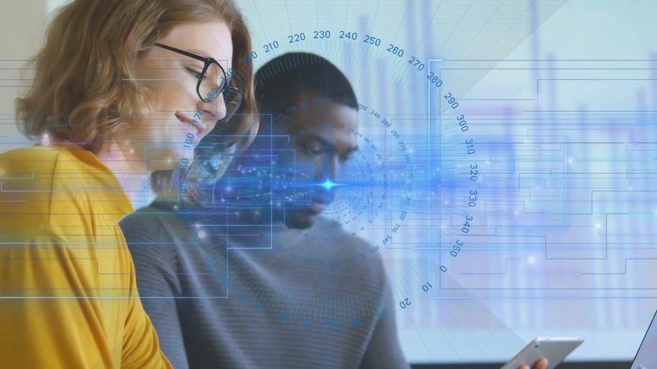 Vertical video: Woman typing laptop and man tapping tablet, starting HUD data flow for tech charts