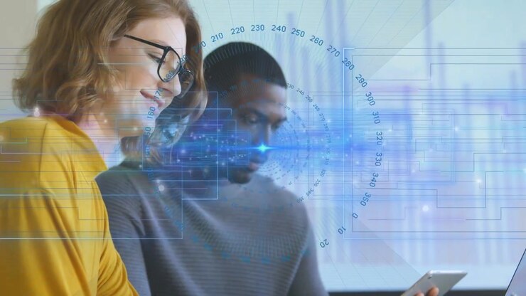 Vertical video: Woman typing laptop and man tapping tablet, starting HUD data flow for tech charts