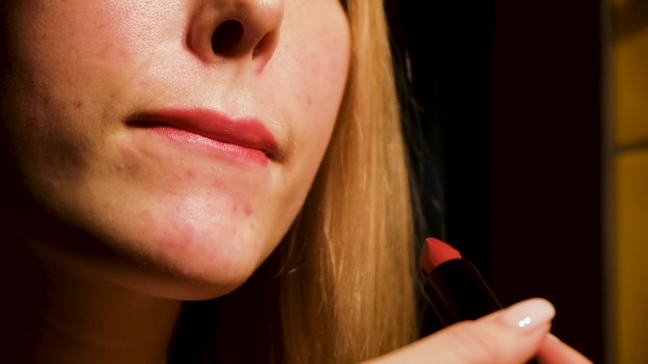 mujer aplicando lápiz labial