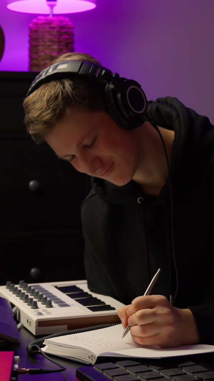 A guy wearing headphones while writing on a notebook beside midi keyboard, vertical shot