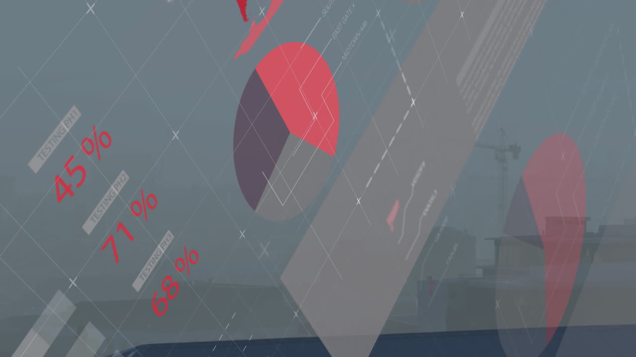 Red and grey pie chart floating over data infographic, highlighting map segments and label callouts