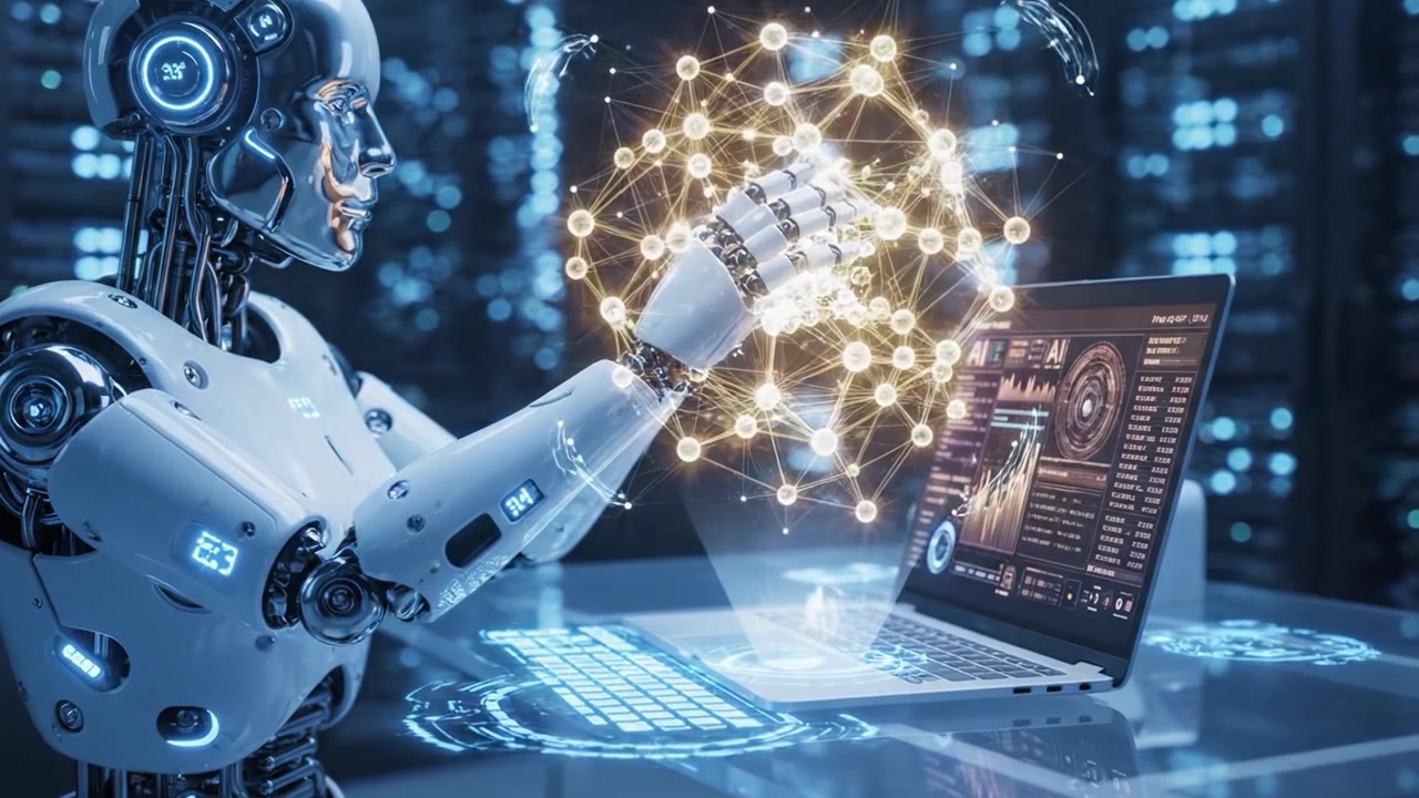 A Sophisticated Robot Analyzing Data on a Laptop Surrounded by a Futuristic Data Center with Advanced Technology and Bright Blue Lights