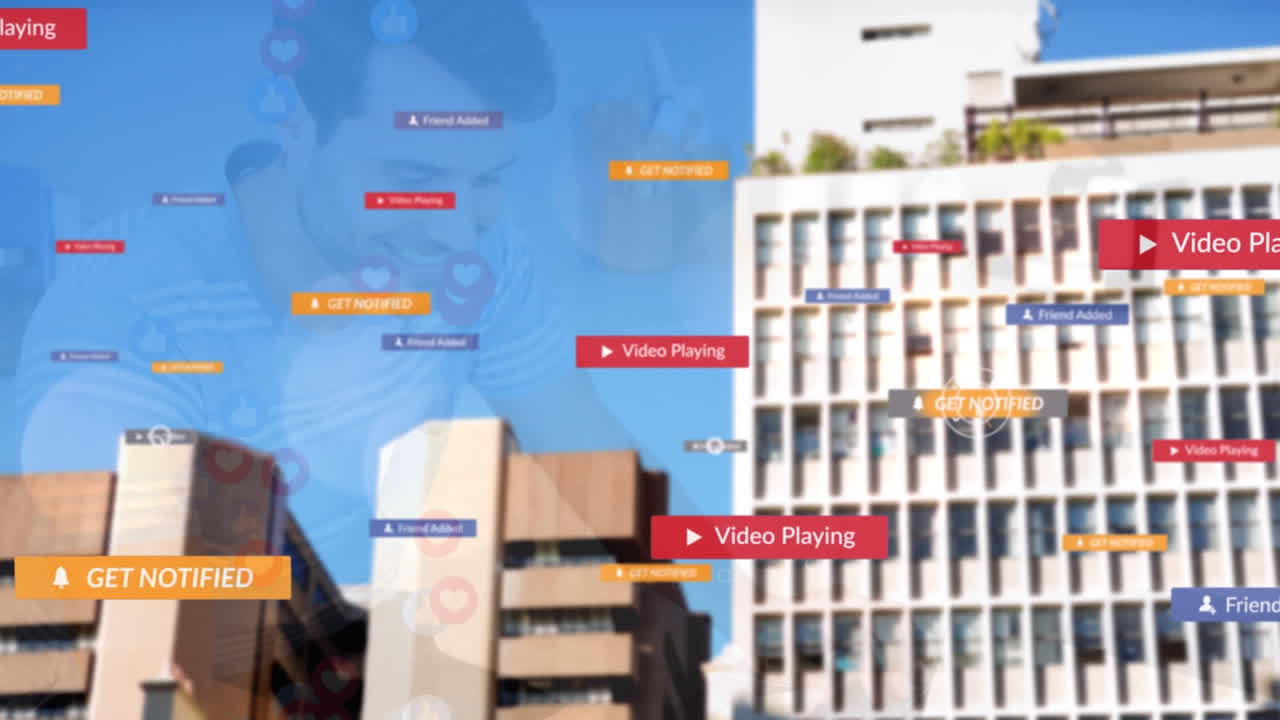 Animação de ícones de redes sociais sobre paisagem urbana